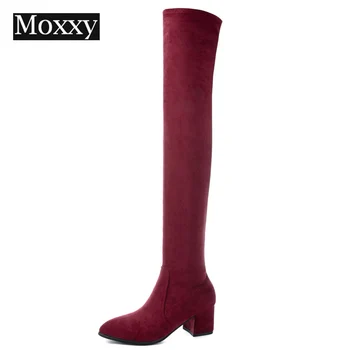 

2019 New Winter Women Boots Over The Knee Women Stretch Fashion Red Black Boot Sexy High Heels Boots Plush Fur Boots Women Shoes
