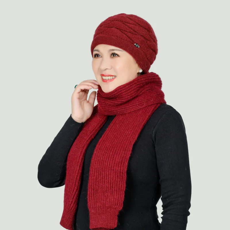 

New Winter Women Rabbit Fur Hat Scarf Set Warm Wool Knitted Plush Scarf 2pcs Set Crochet Bonnet Mom Cap Thick Fleece Shawl