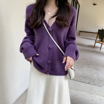 

Autmn Fashion Sweater Cardigan Women Casual V-neck Knitted Loose Outside Coat Female Purple Red Casual Tops