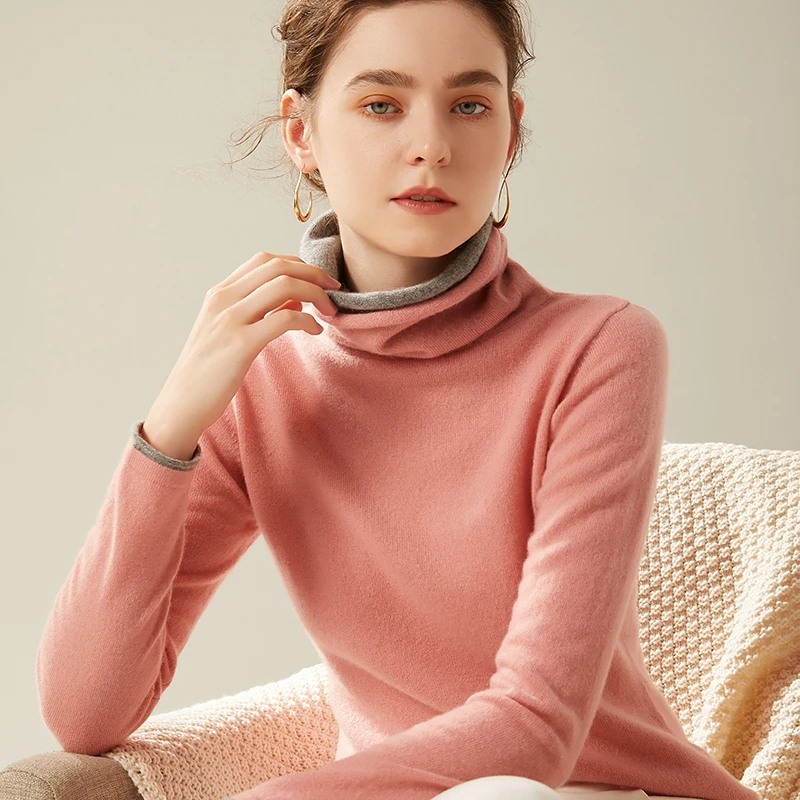 real wool sweater turtleneck winter women's patchwork double layer high collar warm pullover female long sleeves casual sweaters - Цвет: Розовый
