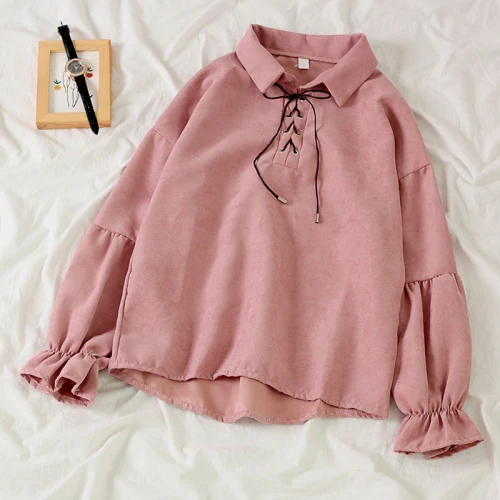 Pink Gagarich, женская блузка,, повседневная, длинный рукав, одноцветная, свободная, для девушек, милая рубашка, корейский стиль, для женщин, весна, осень, топы - Цвет: Pink