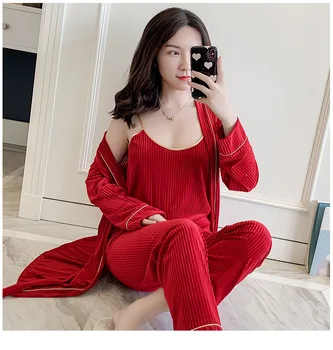 

Women Red Sleepwear Lougne Kimono Bathrobe Gown Sexy 3PCS Robe Suit Soft Home Clothing Casual Nightwear Loose Intimate lingerie