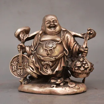 

4" China Buddhism Temple Silver Wealth Maitreya Buddha Basket Sycee Coin Statue