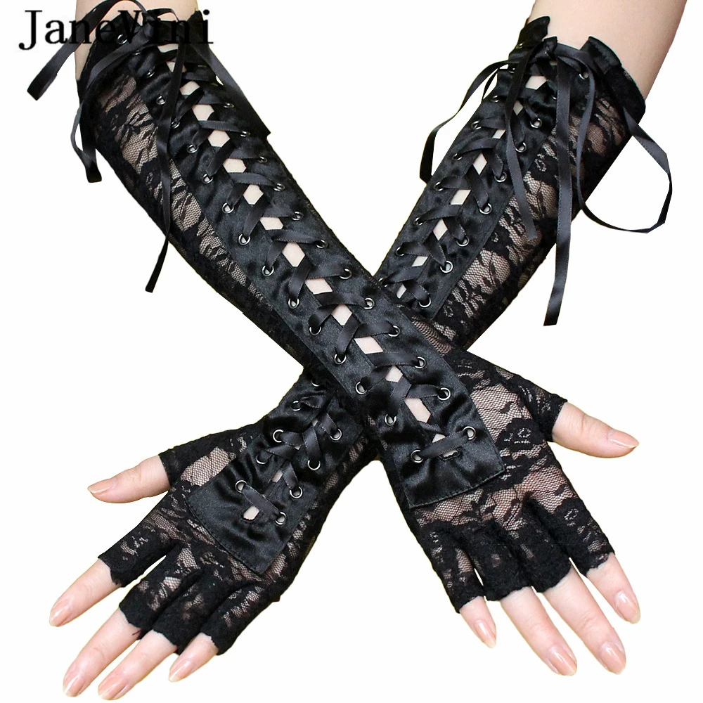 

JaneVini 2021 Sexy Black Bridal Gloves for Wedding Elbow Length Lace Up Women Hand Gloves Fingerless Costume Party Accessories
