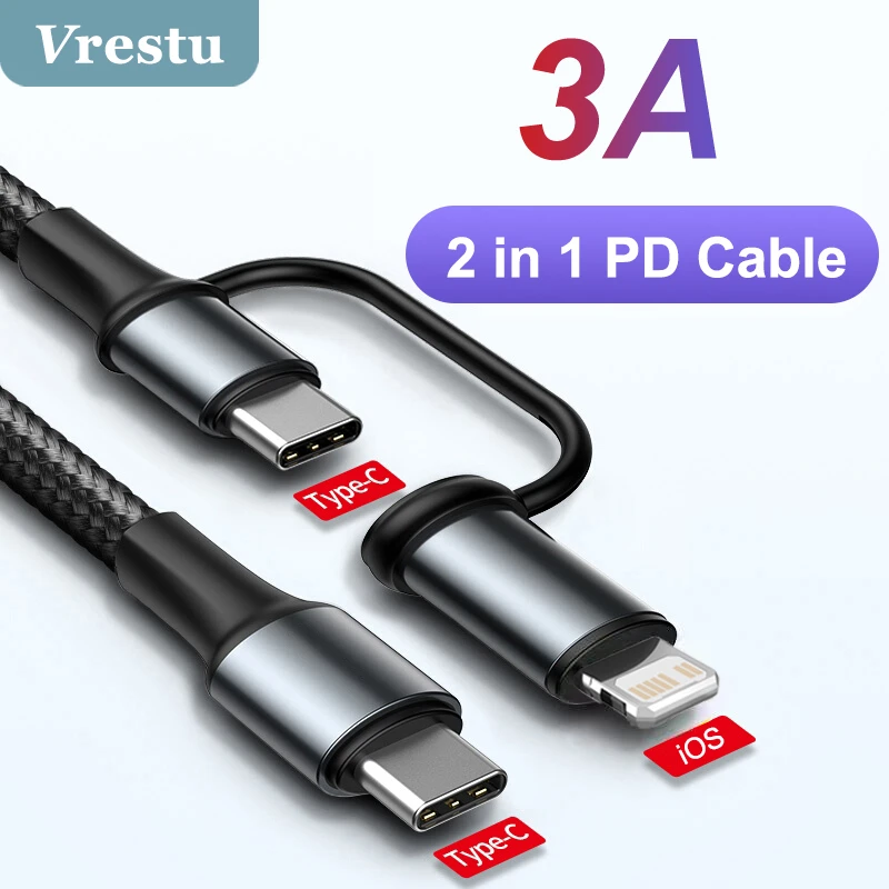 2 in 1 60W Type-C USB C PD Cable Charging Wire for Notebook Charger USB C Data Wire PD Fast Charge USBC Kabel for iPhone iPad 3A android charger cord