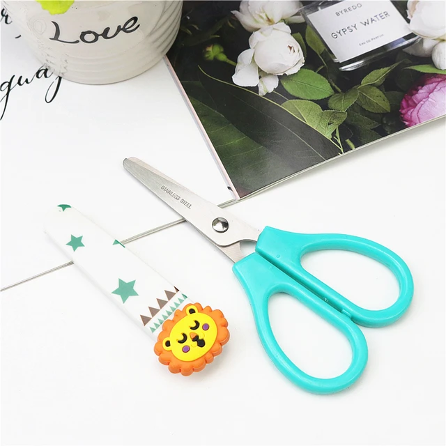 Children student safety stainless steel stationery scissors cute animal  scissors cover random style - AliExpress