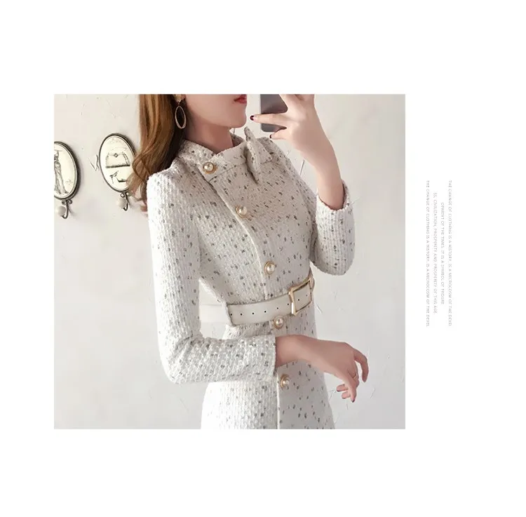 Брендовая шерстяная Женская изящная упаковка, платье на бедрах Vestidos, однобортное твидовое платье с жемчугом, с бантом и круглым вырезом, комбинезон для новорожденных с длинными рукавами, платье