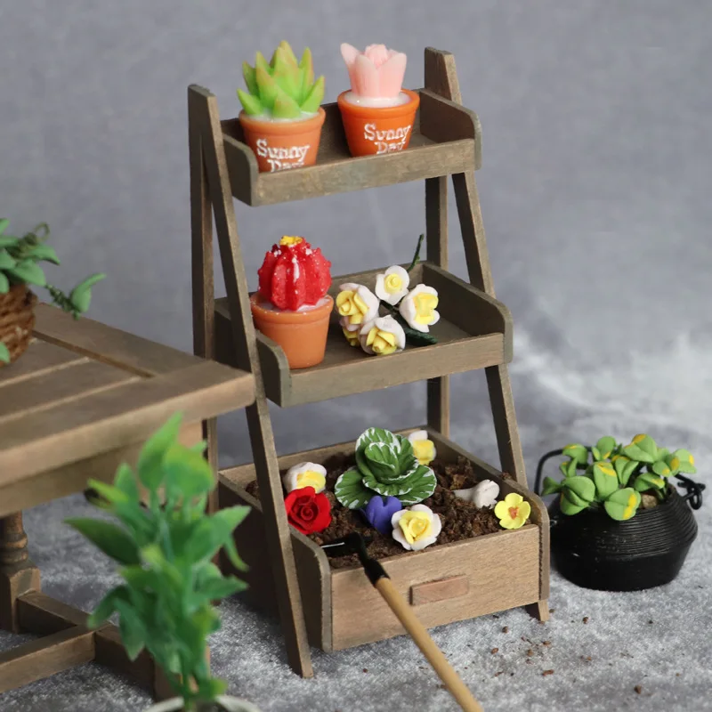 

1/12 Dollhouse Wooden Flower Stands Plant-Shelves Vintage 3 Tier Stand Indoor and Outdoor Rack Shelf