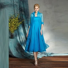 Royal Blue Mother Of The Bride Dresses A-line Tea Length Chiffon Appliques With Jacket Short Groom Mother Dresses For Wedding