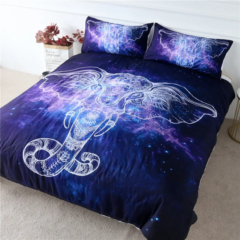 

HM Life Bedding Set Elephant Print Galaxy Nebula Blue Quilt Cover Ethnic God Bed Set 3 Pcs/Set Fashion Soft Duvet Cover Set