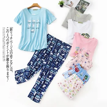 

New Plus Size Pajamas Summer Short-Sleeved Cropped Pants Sleepwear Round Neck Cotton Printing Pyjamas Women Home Clothes 2 Piece