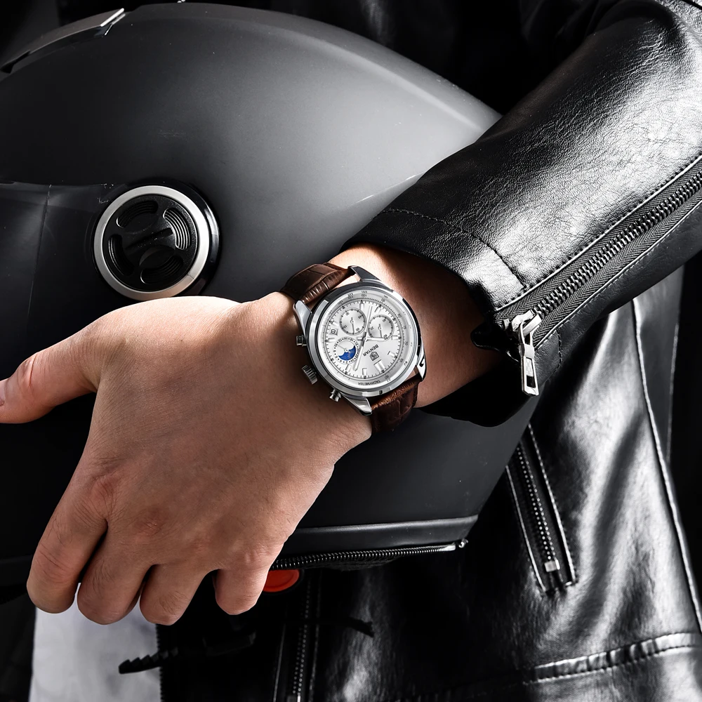 Luxury Men Quartz Wristwatches Top Brand Genuine Leather Chronograph 30M Waterproof Sport Watch Men Reloj Hombre Dropshipping