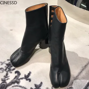 

Women Ankle Genuine Cow Leather Boots Split Toe Round Heels Splited Toe Lady Shoes Woman High Heels Boots Ninja Boots