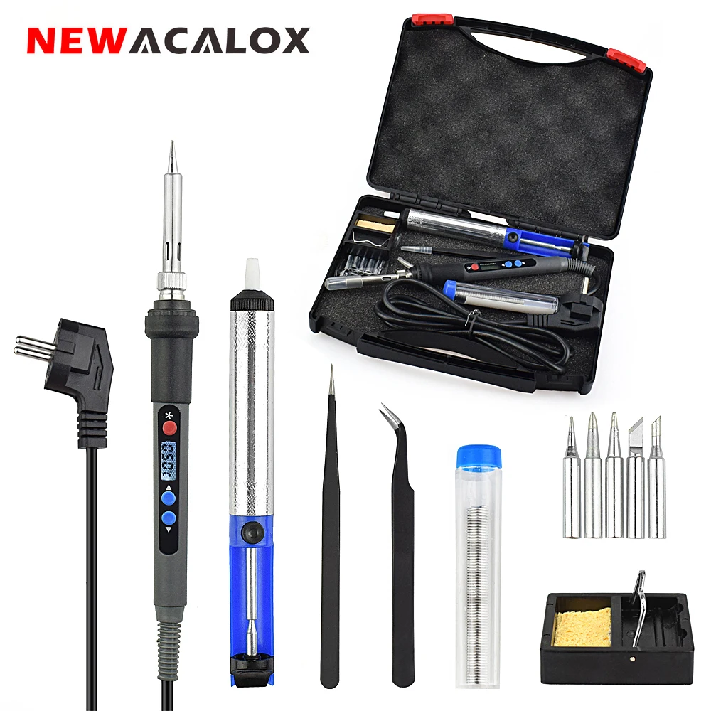 NEWACALOX EU/US 90W Lead-Free Soldering Iron Kit Digital Temperature Adjustable Welding Rework Station Tweezers with Tool Box