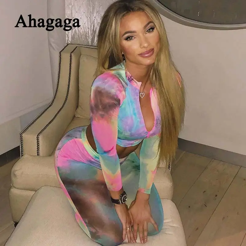 

2019 Autumn Tie dyeing Tracksuits Women Fashion Multicolor Long Sleeve 2 Pieces High Waist Zipper Long Pants Women Sets Female