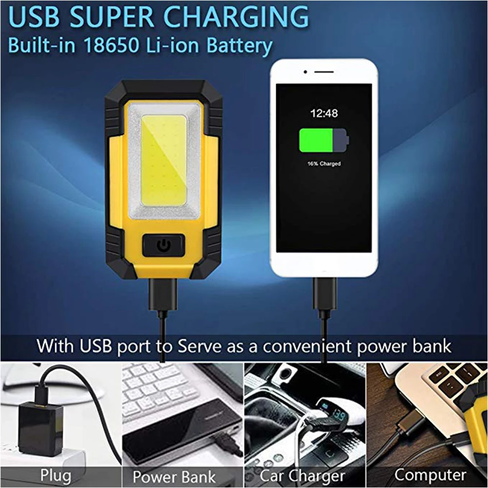COB Work Light Portable LED Flashlight USB Rechargeable Adjustable Waterproof Camping Lantern Magnet hook with output