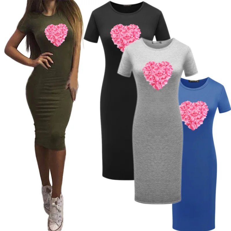 

Pencil Dress for Women Cute Pink Heart Flower Print Fashion Long Party Dress Short Sleeve Plus Size Dress Robe Femme