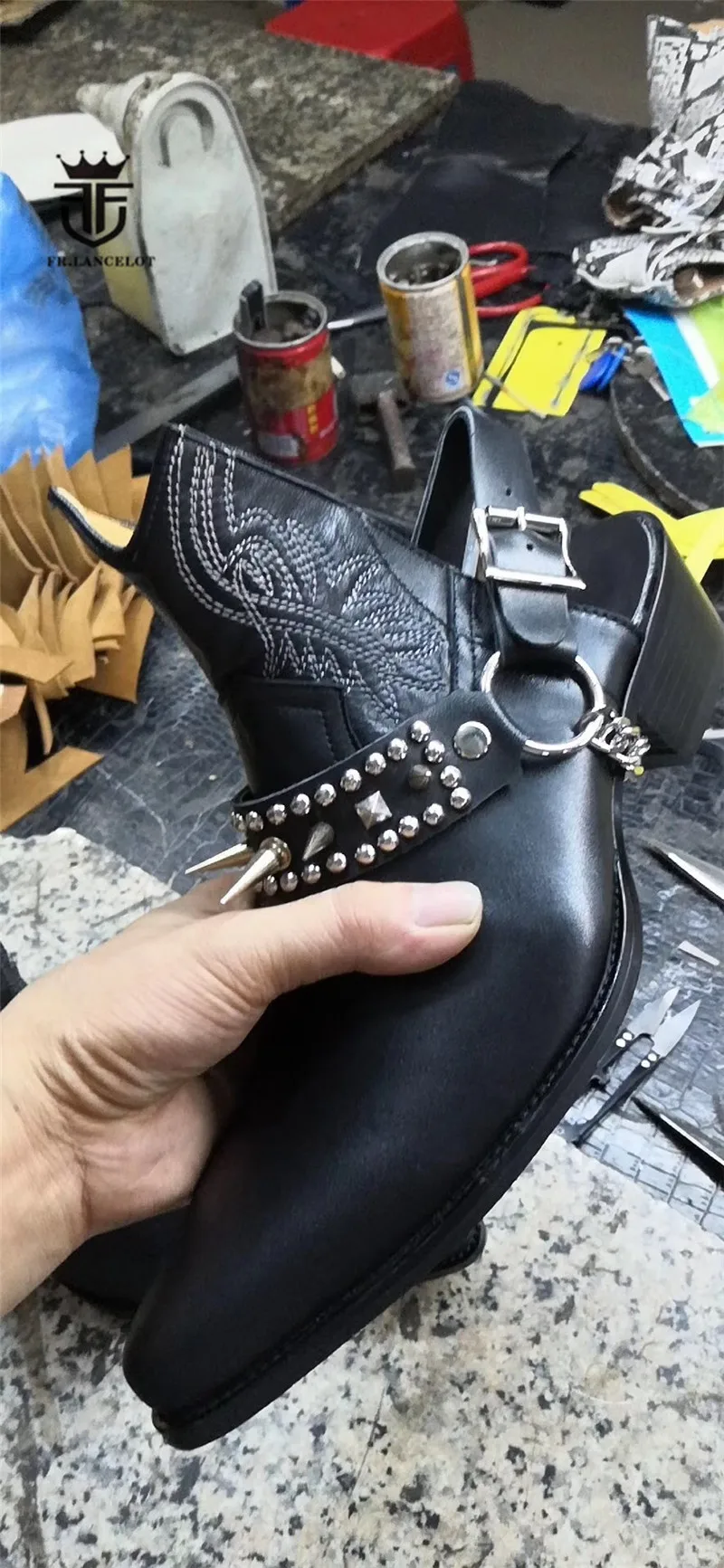 New Punk family vintage stage ankle buckle strap rivets stud men genuine Leather personalized Sandals