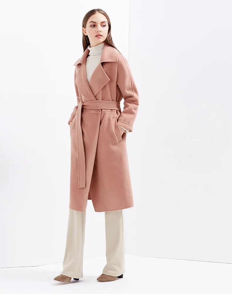 Новое поступление, ручная работа, двустороннее шерстяное пальто с отложным воротником и поясом, длинное шерстяное пальто карамельного цвета для женщин