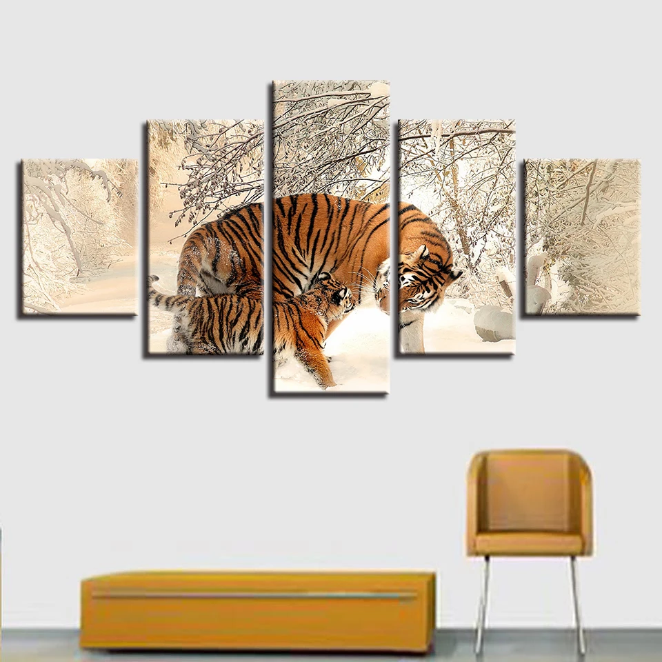 

HD Home Decoraion Modern Canvas Living Room Printed 5 Panel Tiger Snow View Pictures Painting Wall Art Modular Poster Frame