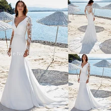 Свадебные платья русалки с глубоким v-образным вырезом и длинными рукавами; кружевное платье с аппликацией на пуговицах; большие размеры; Vestido De Novias; свадебное платье