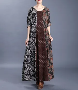 

Literary Style Dress 2020 Spring Chinese Style Retro Stitching Contrast Printed Womens Silk Round Neck Large Swing Loose Dress