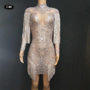 

luxury Sparkly Crystals Mesh Silver tassel See through rhinestone diamond short Dress Birthday Costume Singer Performance Dance