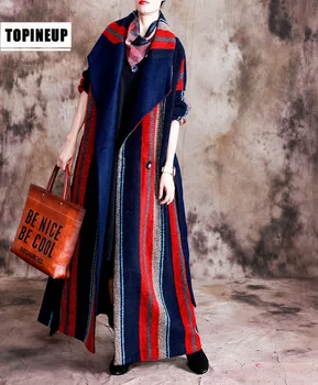 

2019 Women's autumn and winter new female long section loose over the knee wool coat striped long knee wool coat