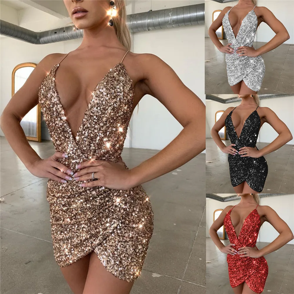 

Deep V Neck Summer Dress Silver Sequined Backless Sexy Dress Women Off Shoulder Strap Pink White Black Mini Dress Party Vestido