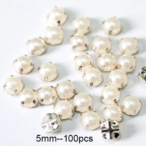 5mm--100pcs 5 мм-10 мм 100 шт белые жемчужные бусины для шитья Стразы с серебряными клешнями полукруглые жемчужины для свадебного платья Y3542 - Цвет: 5mm--100pcs