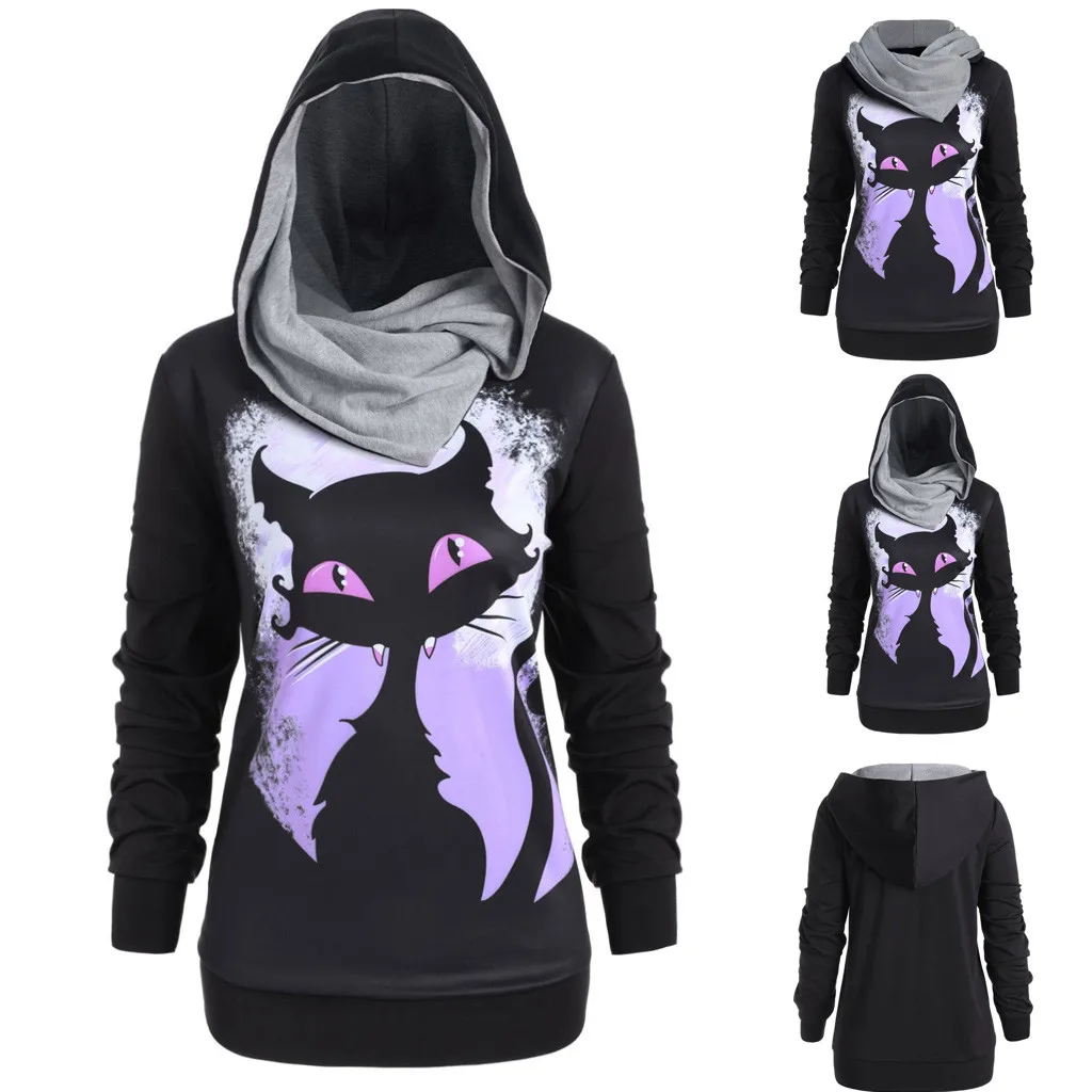  Women Sweatshirt Hoodies turtleneck Halloween Witch cap Cat 3D Print Convertible pullovers Hoodie C