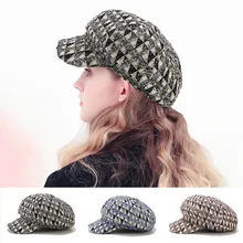 Винтажный Женский вязаный берет Newsboy зимняя теплая шерстяная шапка элегантная женская Повседневная береты с полями клетчатая фетровая Складная вязаная фетровая шапка