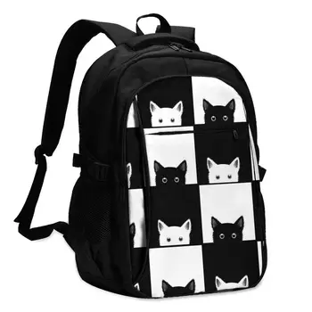 

Bags School Bags For Boy Girl TeenagerBlack White Cat Chess Board USB Charge Computer Laptop Back Pack