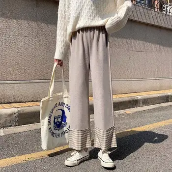 

High Waist Trousers Women Woolen Pants 2020 Autumn Winter New Female Thick Wide Leg Pants Plaid Cuffs Pantalon Casual
