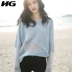 HG нерегулярный полый пуловер свитер женский синий из сплайсированные свободные модные элегантные 2019 новый осенний тонкий свитер леди ZYQ1405