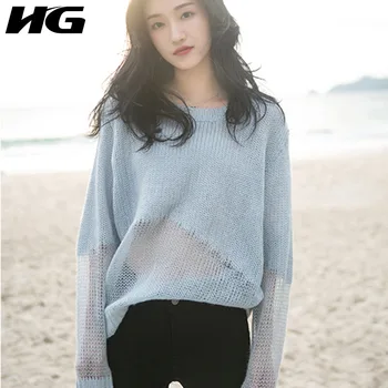 

HG Irregular Hollow Pullover Sweater Women Blue Out Spliced Loose Fashion Elegant 2019 New Autumn Thin Sweater Lady ZYQ1405