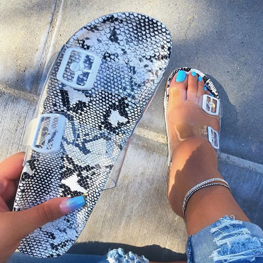 

Summer Outdoor Womens Snake Print Flats Open Toe Light Shoes Casual Beach Walk Slippers Flip Flops Slides Ladies Home Slippers