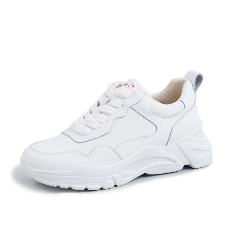 Taoffen/женские кроссовки из натуральной кожи; модная Вулканизированная обувь на толстой подошве; женская повседневная обувь для отдыха на шнуровке; Размеры 35-39 - Цвет: Белый