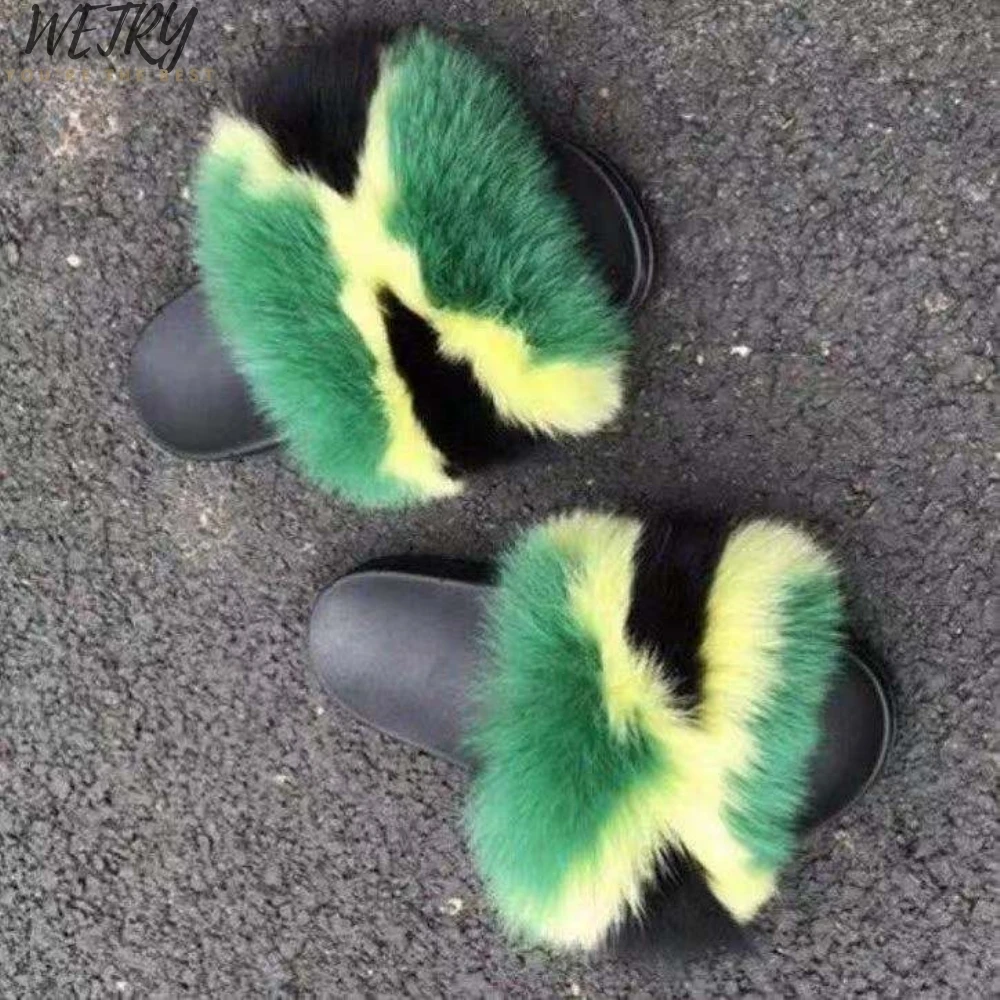 fox fur slides Женские летние тапочки; шлепанцы на плоской подошве с лисьим мехом; пляжные шлепанцы с натуральным мехом; шлепанцы пляжные сандалии; женские Плюшевые Пушистые шлепанцы - Цвет: fox fur slides