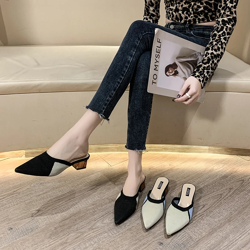 

2020 new medium-heeled thick-heeled baotou slippers female knitted outer wear word drag female sandals pointed half drag