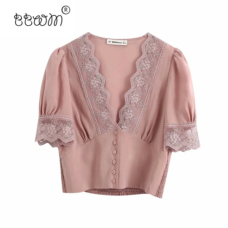 Женские кружевные блузки с коротким рукавом винтажные топы v образным вырезом и