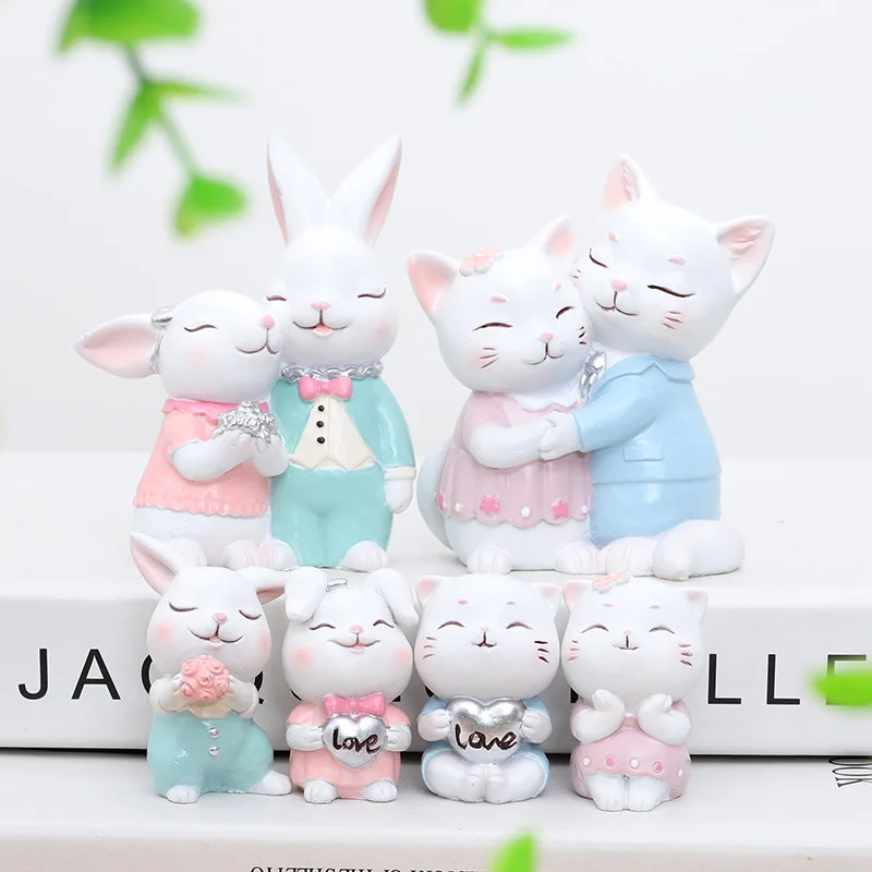 Set of 6 Sweet Family Figurines Rabbit Cat Couple Bunny Kitten Ornament Cake Topper Home Party Dessert Decoration | Дом и сад