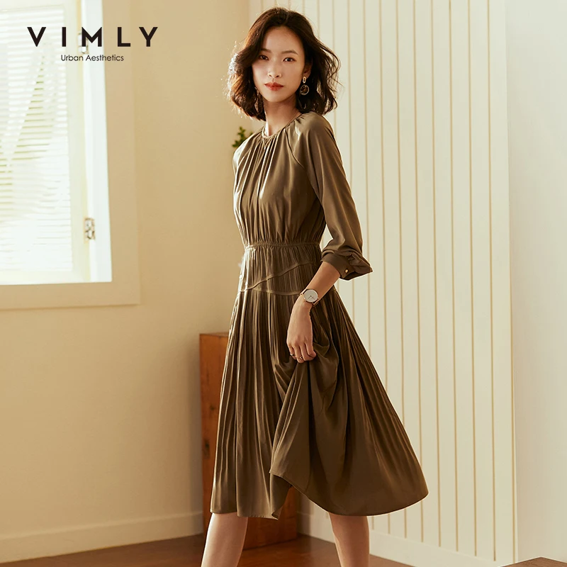 Женское плиссированное платье Vimly однотонное шифоновое с круглым вырезом и