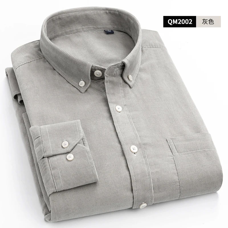 light gray Новые мягкие полосатые вельветовые однотонные мужские теплые повседневные рубашки с длинным рукавом, удобные мужские топы с нагрудным карманом - Цвет: light gray