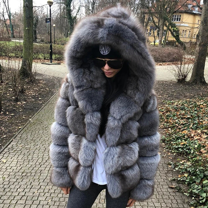 Зимнее модное серое плотное пальто из натурального Лисьего меха с большим капюшоном из натурального меха лисы, куртка для женщин, роскошное пальто