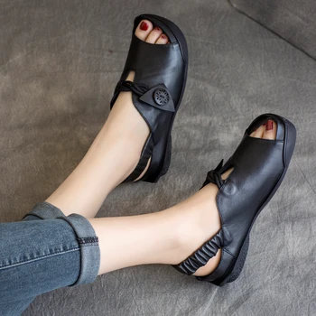 

Women Leather Sandals Black Casual Summer Shoes Women Loafers Peep Toe Handmade Genuine Leather Soft Sandals Ladies Shoes2020