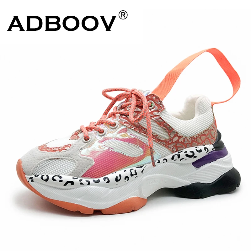 ADBOOV/леопардовые кроссовки на платформе для женщин; уличная мода; женские массивные кроссовки; Лоскутная обувь для папы