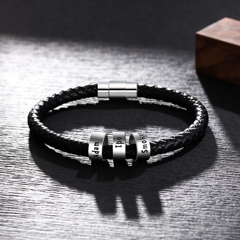 Personalized Men Leather Bracelet with 1-6 Names Beads Customized Family Names Black Rope Magentic Buckle Bracelets for Men