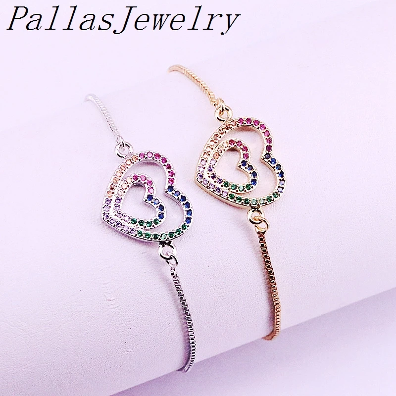 

10Pcs Multicolor Zirconia CZ Rainbow Heart Charm Link Chain Adjustable Bracelets Female Jewelry