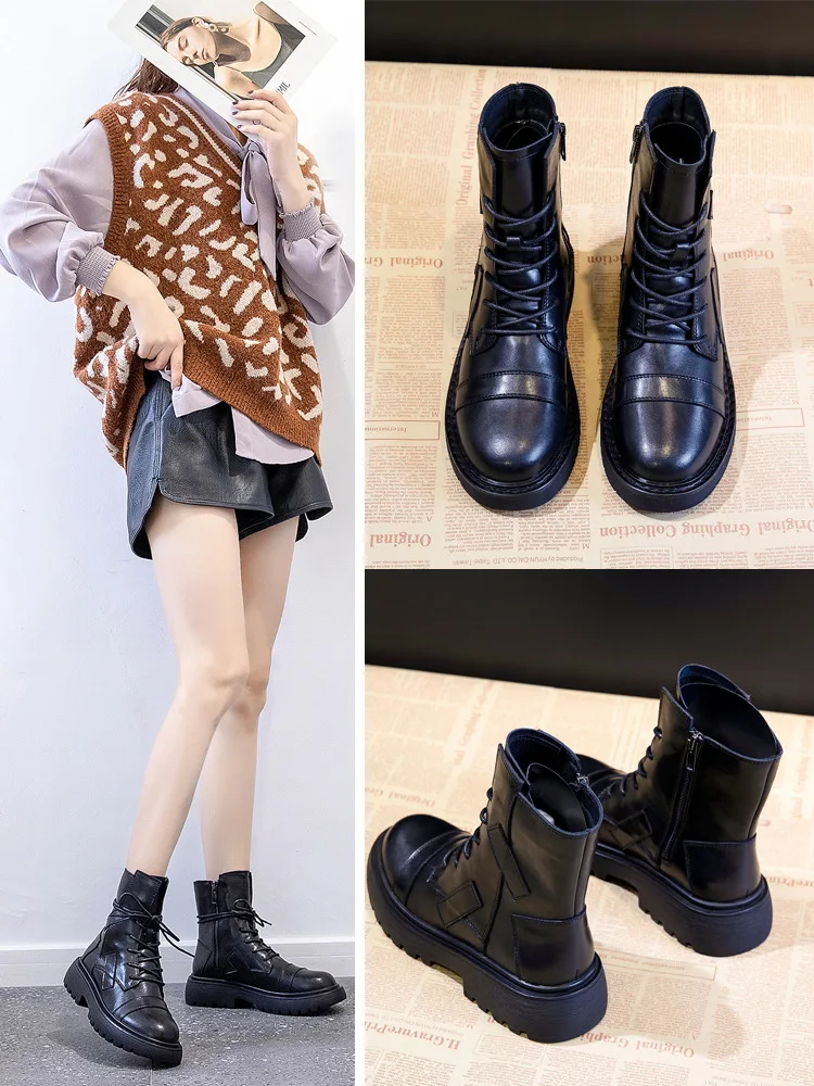 

Genuine Leather Martin Boots Women's 2019 Autumn & Winter New Style Versatile Handsome British Style Boots plus Velvet Online Ce